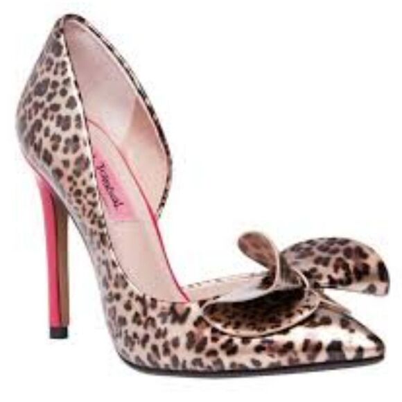 BETSEY JOHNSON LEOPARD POINTED TOE D'ORSAY LAYERED BOW PUMP - Picture 1 of 16
